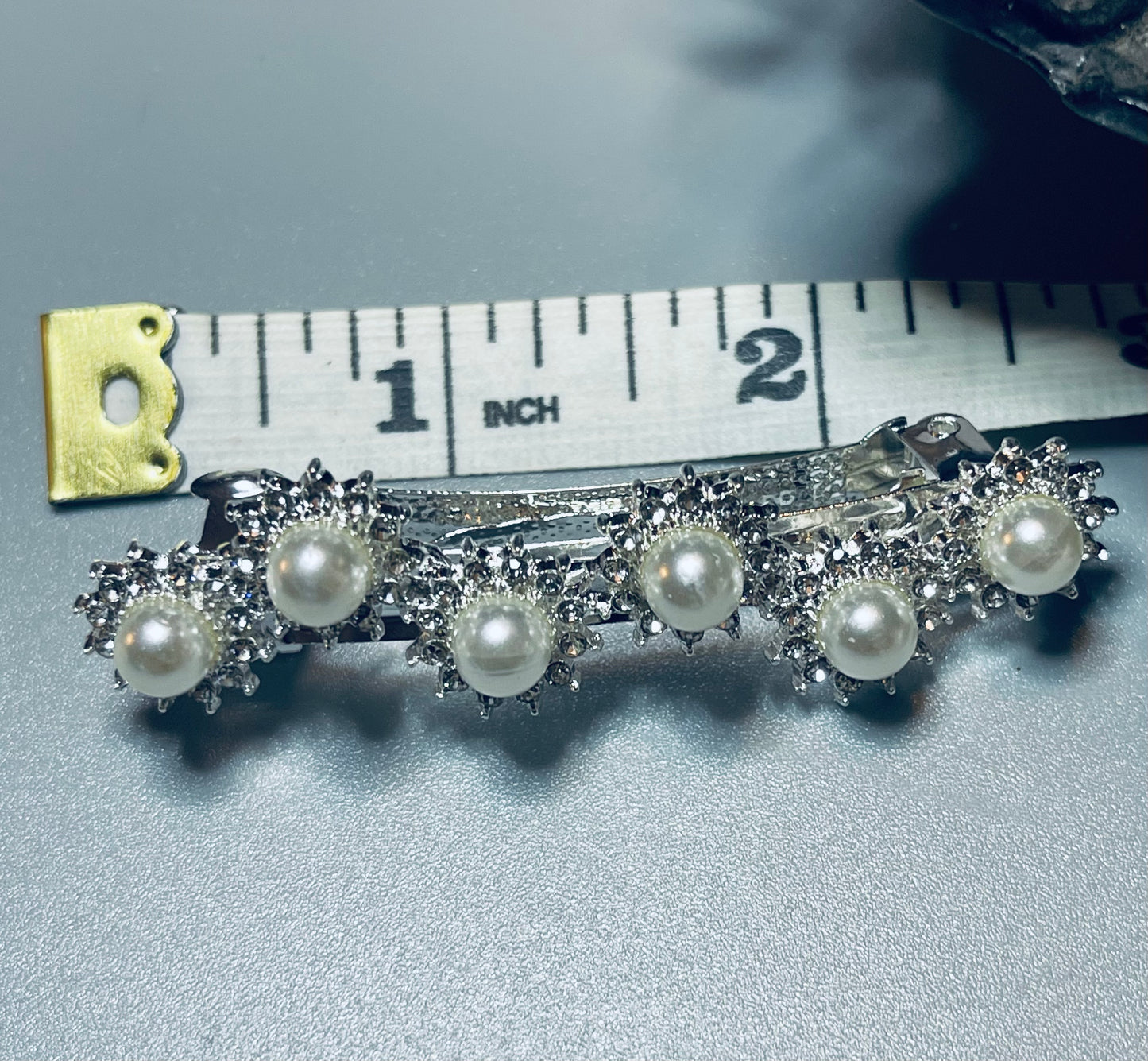 White faux Pearl Crystal rhinestone barrette approximately 2.75” silver tone formal hair accessories gift wedding bridesmaid prom birthday mother of bride groom