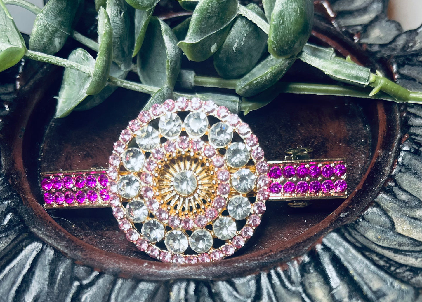 Hot pink Crystal round rhinestone barrette approximately 3.0” gold tone formal hair accessories gift wedding bridesmaid prom birthday mother of bride groom