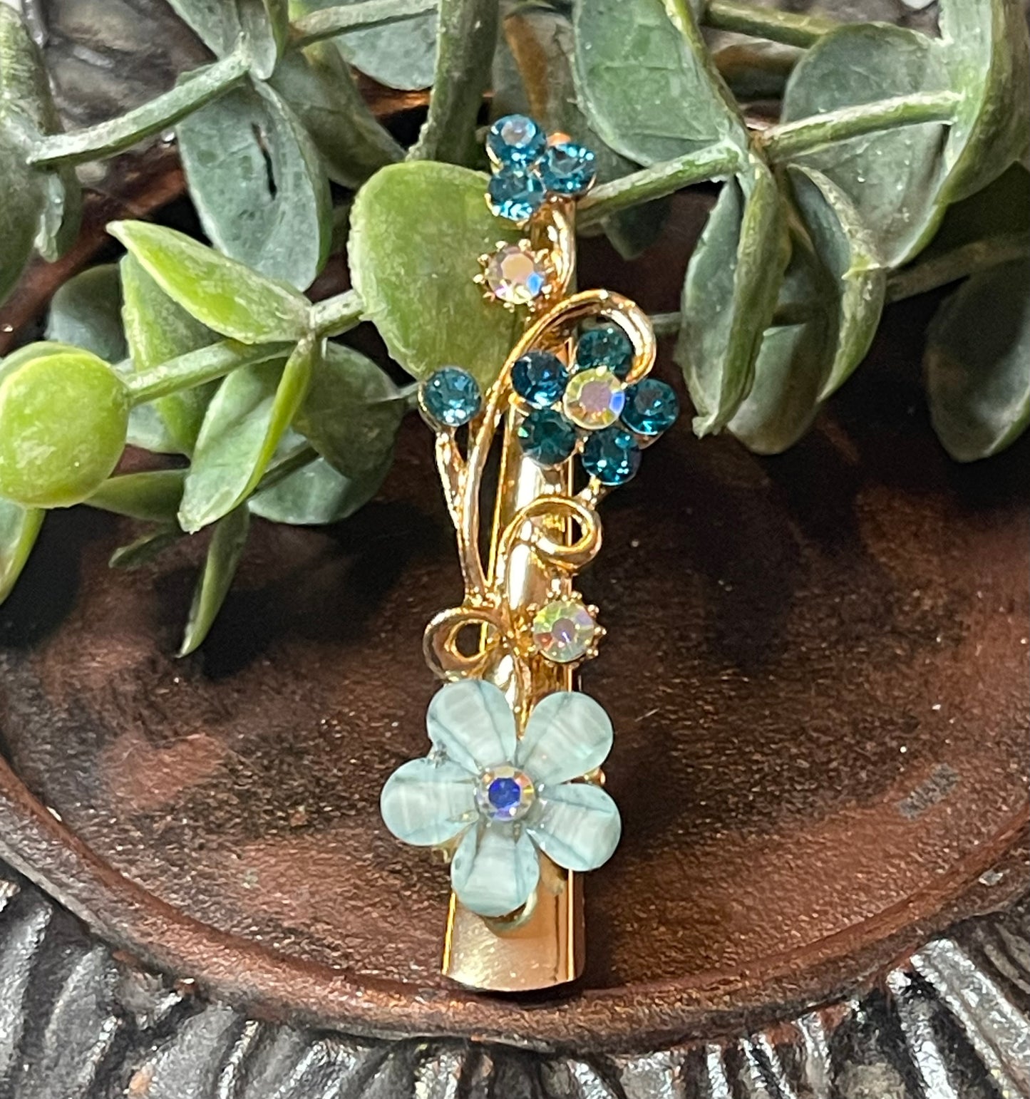Teal blue Crystal rhinestone flowers alligator salon clip approximately 2.5” gold tone formal hair accessories gift wedding bridesmaid prom birthday mother of bride groom