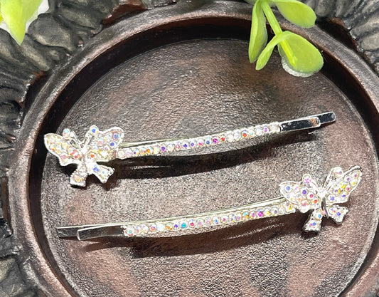 Iridescent Crystal rhinestone butterfly silver tone hair pins 2 pc set bridal Wedding shower prom sweet 16 birthday hair accessories