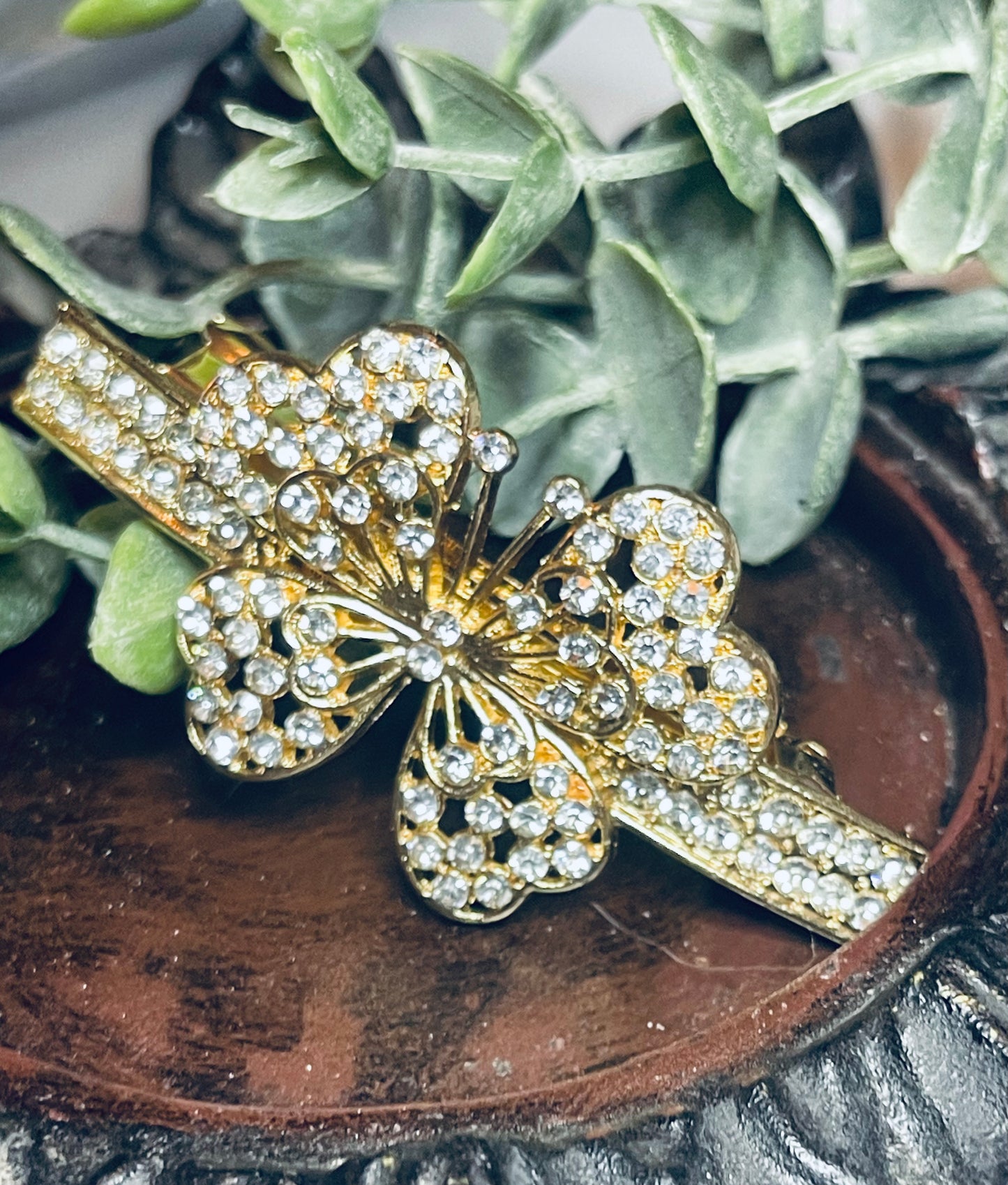 Clear Crystal butterfly rhinestone barrette approximately 3.0” gold tone formal hair accessories gift wedding bridesmaid prom birthday mother of bride groom