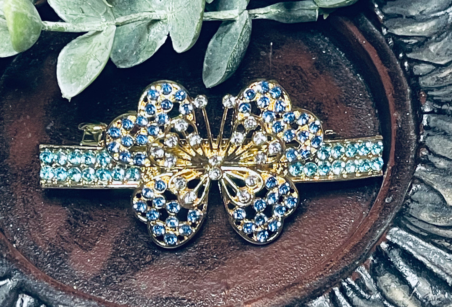 Teal blue Clear Crystal butterfly rhinestone barrette approximately 3.0” gold tone formal hair accessories gift wedding bridesmaid prom birthday mother of bride groom
