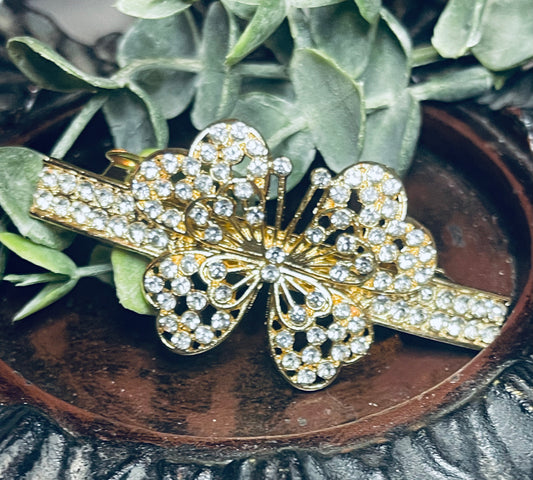 Clear Crystal butterfly rhinestone barrette approximately 3.0” gold tone formal hair accessories gift wedding bridesmaid prom birthday mother of bride groom