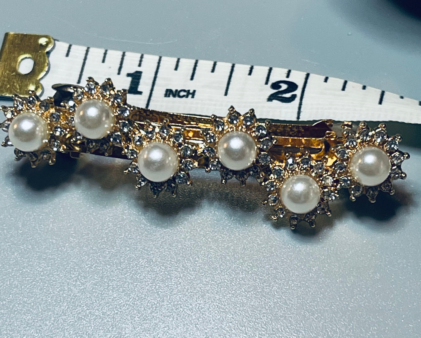 White faux Pearl Crystal rhinestone barrette approximately 2.75” gold tone formal hair accessories gift wedding bridesmaid prom birthday mother of bride groom