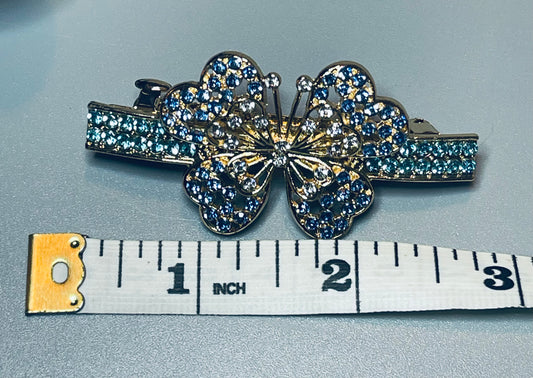 Teal blue Clear Crystal butterfly rhinestone barrette approximately 3.0” gold tone formal hair accessories gift wedding bridesmaid prom birthday mother of bride groom