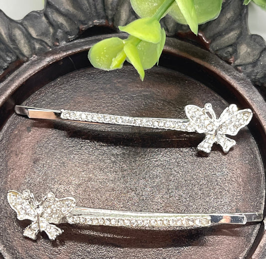 Clear Crystal rhinestone butterfly silver tone hair pins 2 pc set bridal Wedding shower prom sweet 16 birthday hair accessories