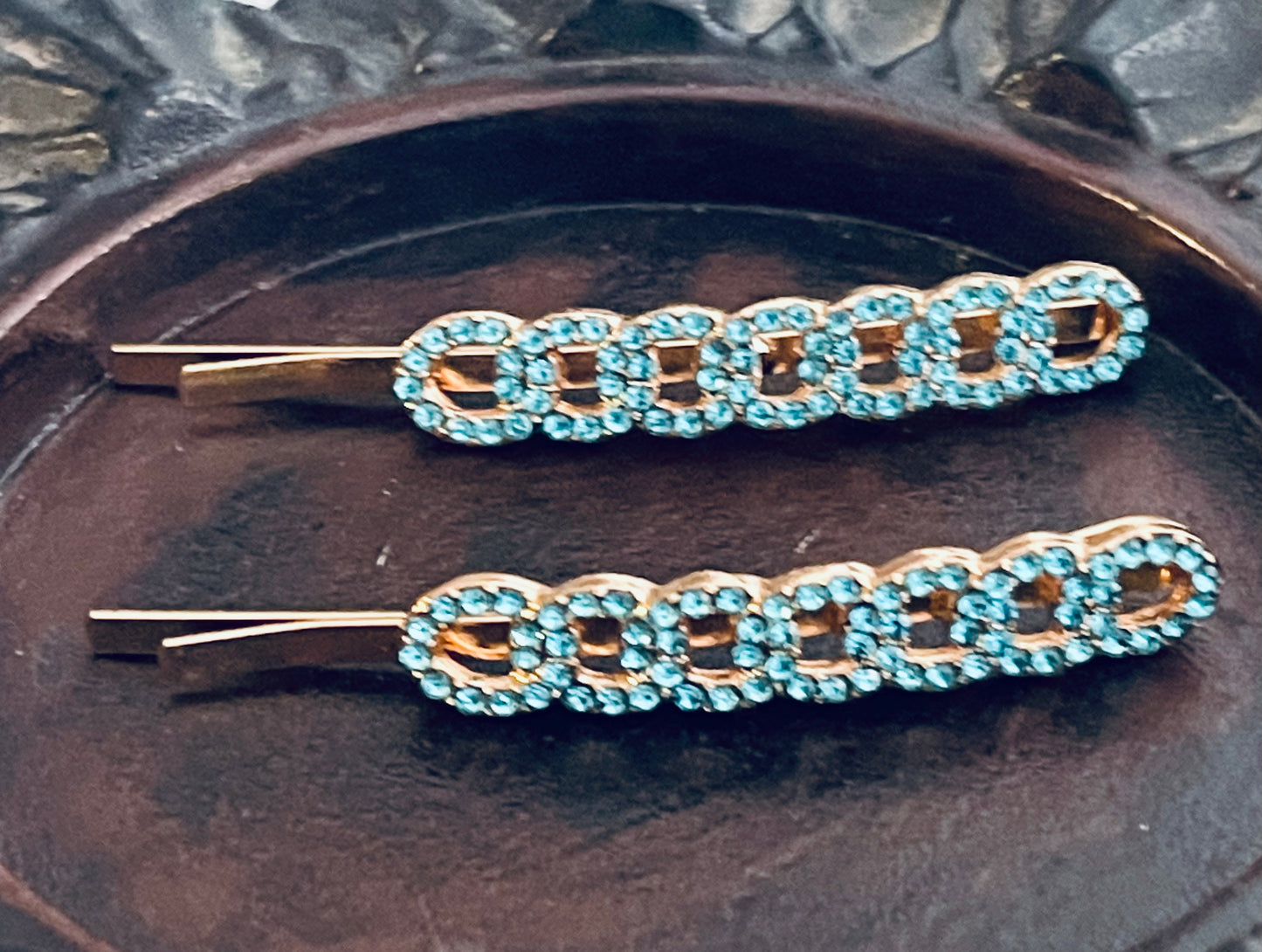 Teal blue Crystal rhinestone hairpins 2pc approximately 2.5”silver tone  formal hair accessories gift wedding bridesmaid princess accessory