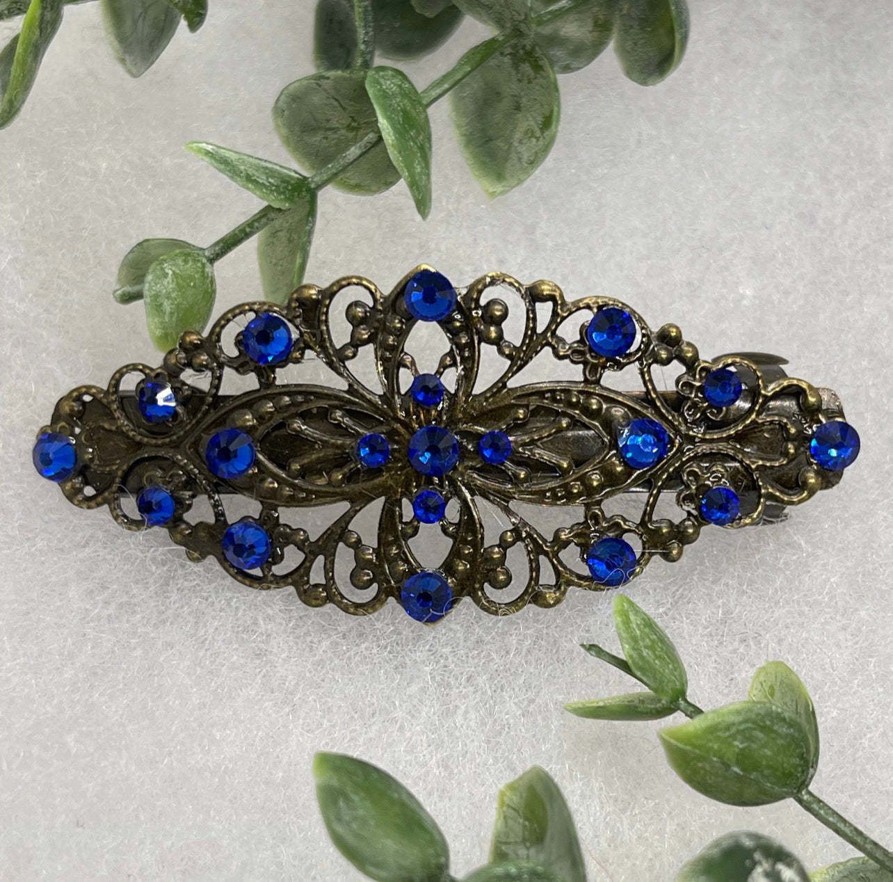 Blue sapphire crystal barrette Vintage Style 3.5”antique tone Metal bridal wedding shower birthday princess prom gift accessories