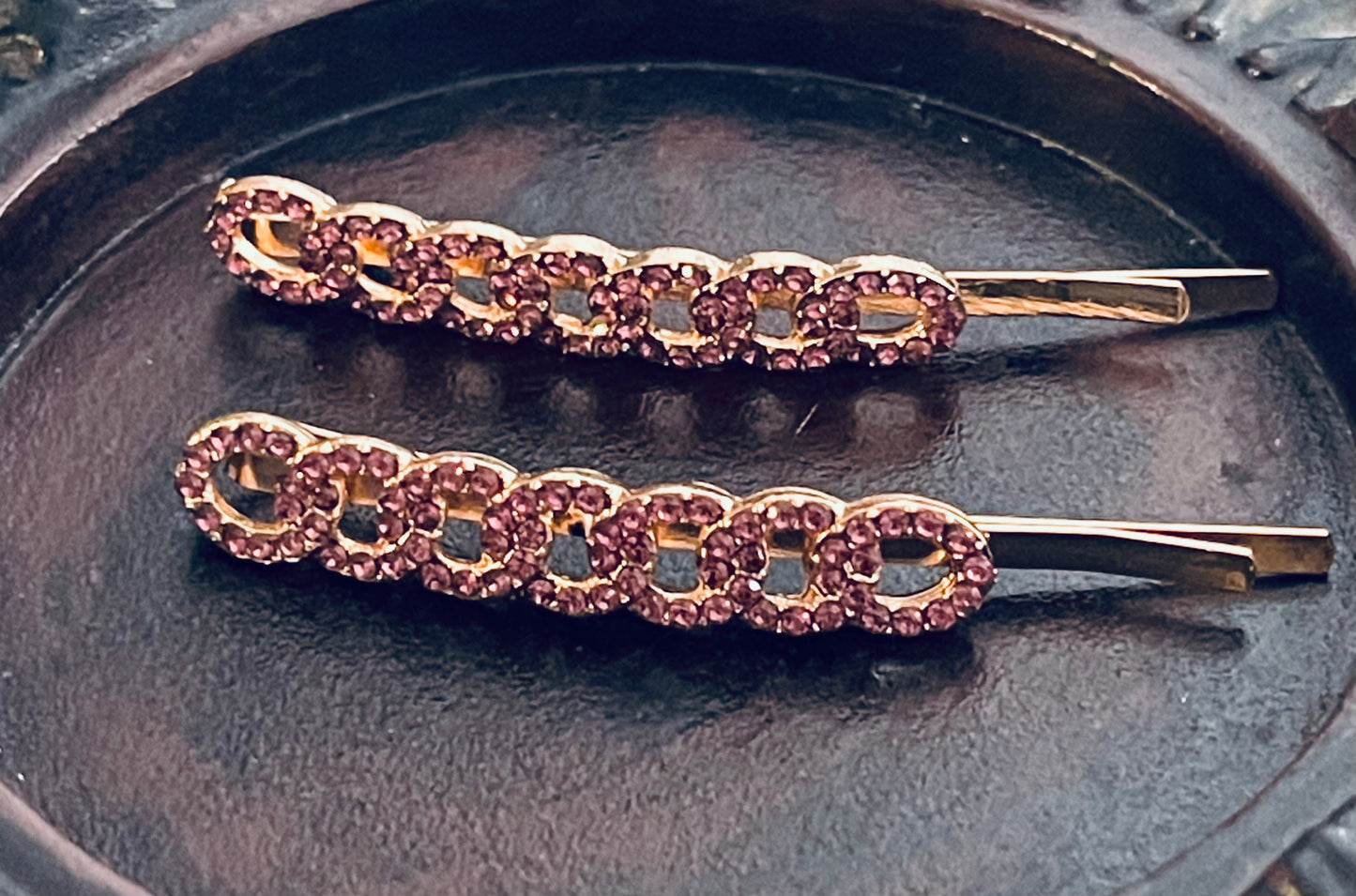Purple Crystal rhinestone hairpins 2pc approximately 2.5”gold tone  formal hair accessories gift wedding bridesmaid princess accessory