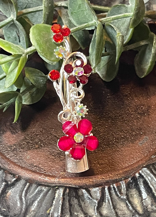 Red Crystal rhinestone flowers alligator salon clip approximately 2.5” silver tone formal hair accessories gift wedding bridesmaid prom birthday mother of bride groom