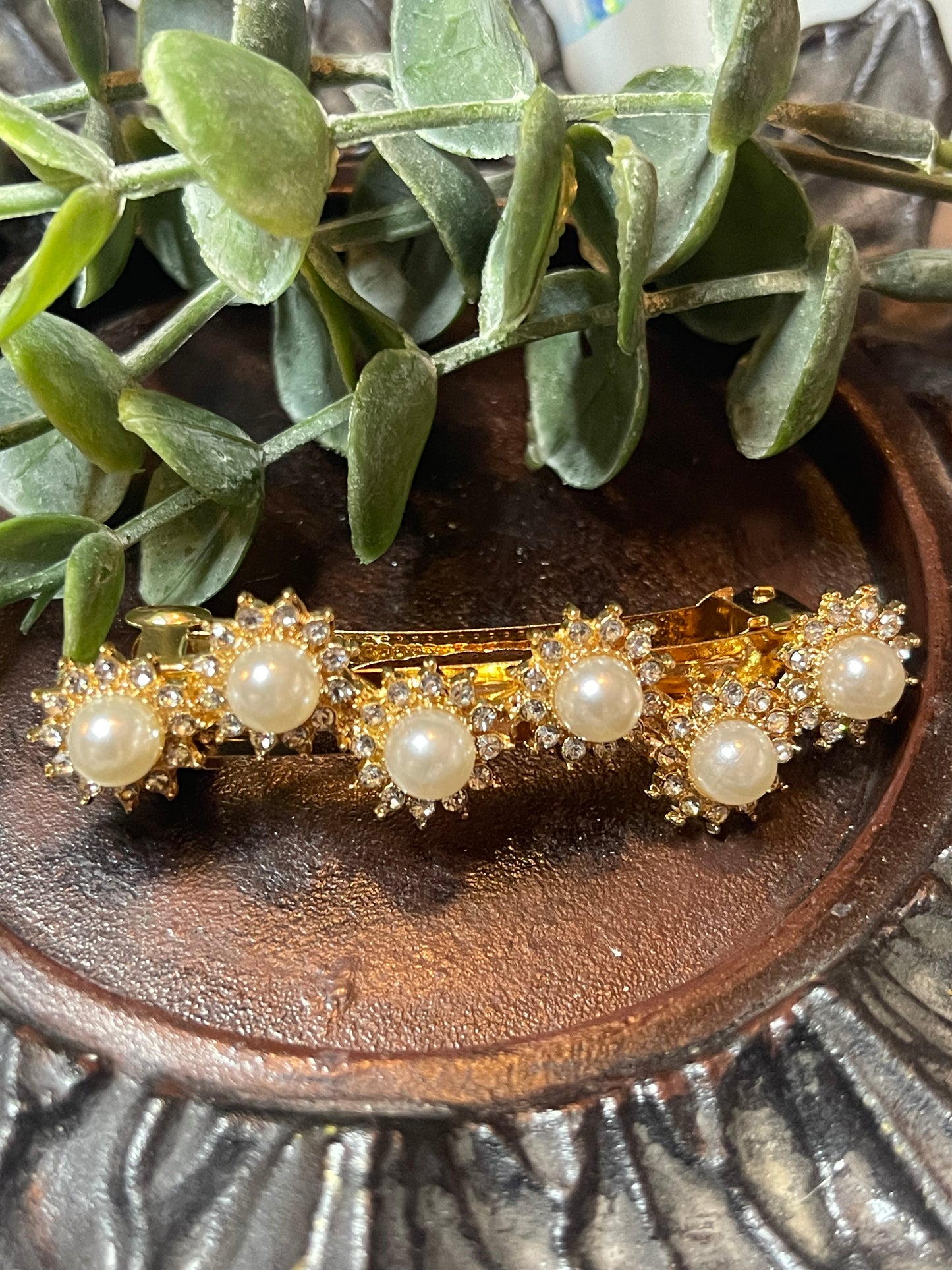 White faux Pearl Crystal rhinestone barrette approximately 2.75” gold tone formal hair accessories gift wedding bridesmaid prom birthday mother of bride groom