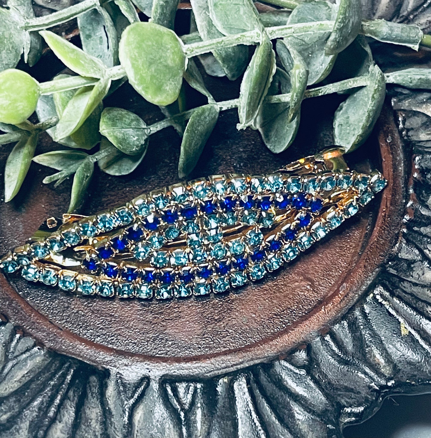 Teal blue Crystal rhinestone barrette approximately 3.0” gold tone formal hair accessories gift wedding bridesmaid Prom birthday gifts
