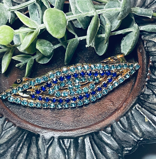 Teal blue Crystal rhinestone barrette approximately 3.0” gold tone formal hair accessories gift wedding bridesmaid Prom birthday gifts