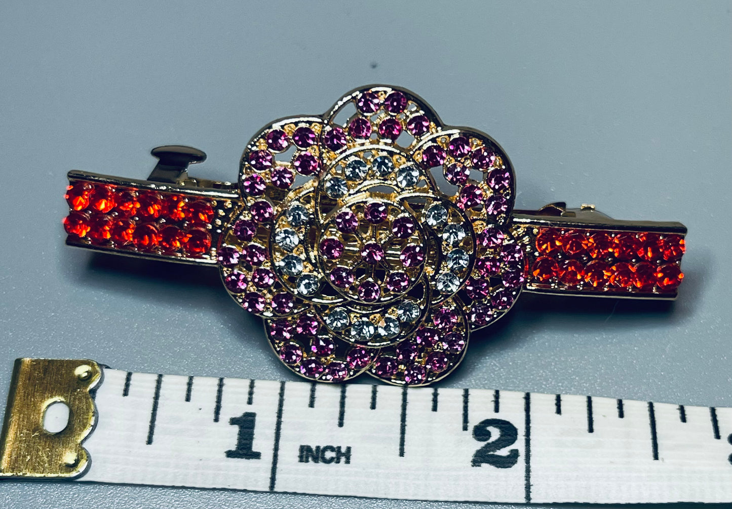Red pink flower Crystal rhinestone barrette approximately 3.0” gold tone formal hair accessories gift wedding bridesmaid prom birthday mother of bride groom