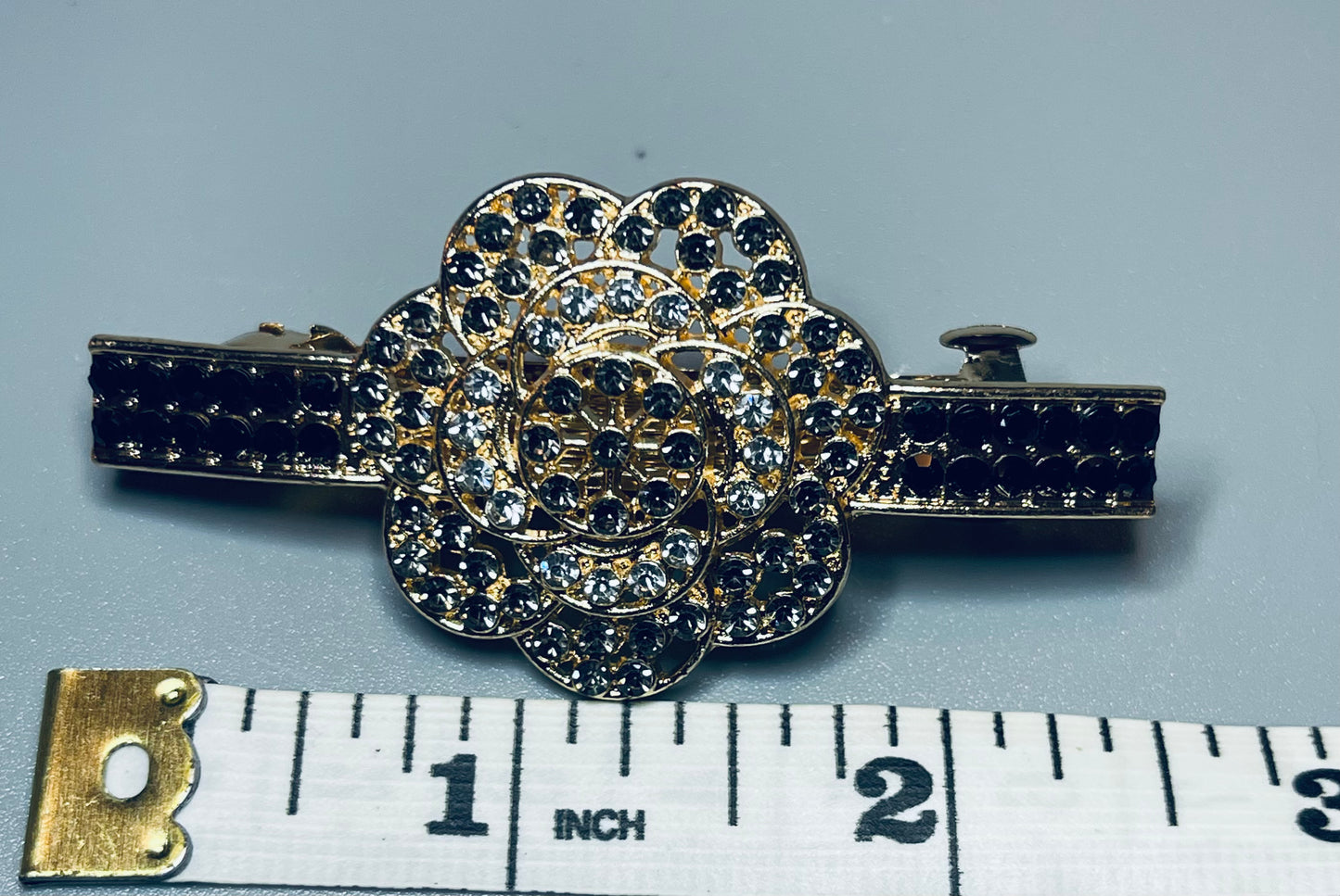 Black gray flower Crystal rhinestone barrette approximately 3.0” gold tone formal hair accessories gift wedding bridesmaid prom birthday mother of bride groom