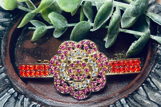 Red pink flower Crystal rhinestone barrette approximately 3.0” gold tone formal hair accessories gift wedding bridesmaid prom birthday mother of bride groom