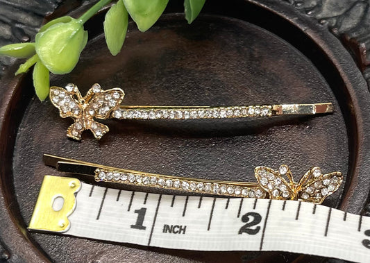 Clear Crystal rhinestone butterfly gold tone hair pins 2 pc set bridal Wedding shower prom sweet 16 birthday hair accessories