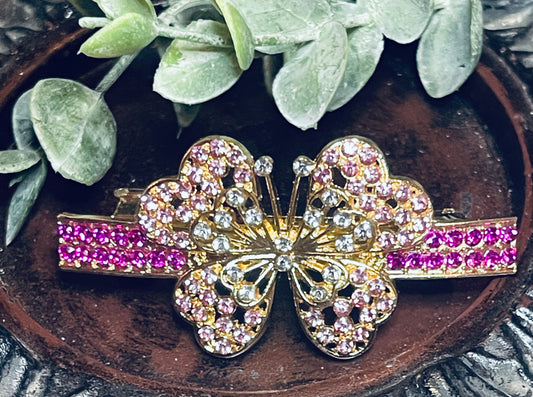 Hot pink Clear Crystal butterfly rhinestone barrette approximately 3.0” gold tone formal hair accessories gift wedding bridesmaid prom birthday mother of bride groom