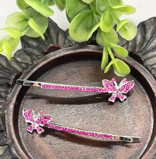 Pink Crystal rhinestone butterfly silver tone hair pins 2 pc set bridal Wedding shower prom sweet 16 birthday hair accessories