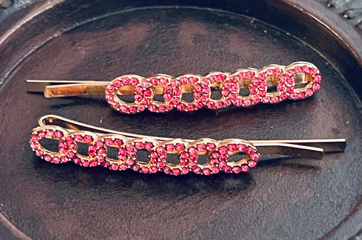 Pink Crystal rhinestone hairpins 2pc approximately 2.5”gold tone  formal hair accessories gift wedding bridesmaid princess accessory