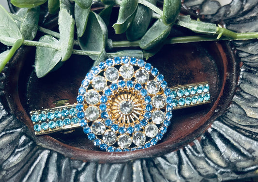 Blue teal Crystal round rhinestone barrette approximately 3.0” gold tone formal hair accessories gift wedding bridesmaid prom birthday mother of bride groom