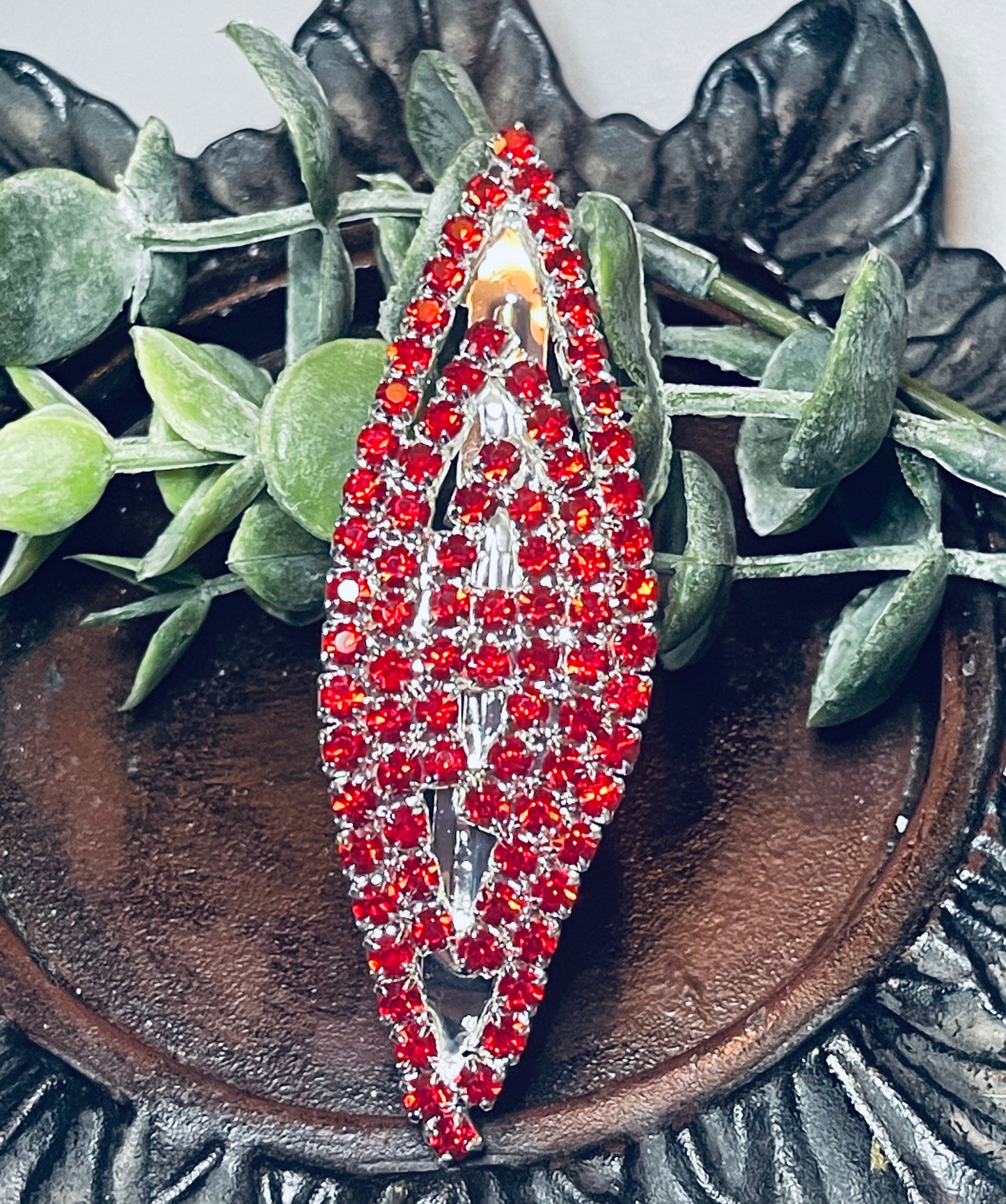 Red Crystal rhinestone barrette approximately 3.0” silver tone formal hair accessories gift wedding bridesmaid Prom birthday gifts