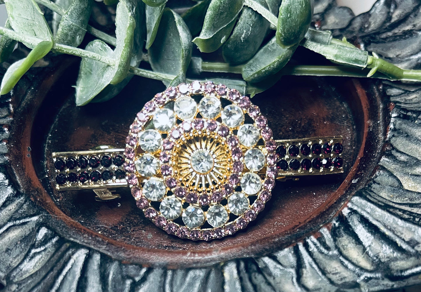 Purple pink round Crystal rhinestone barrette approximately 3.0” gold tone formal hair accessories gift wedding bridesmaid prom birthday mother of bride groom