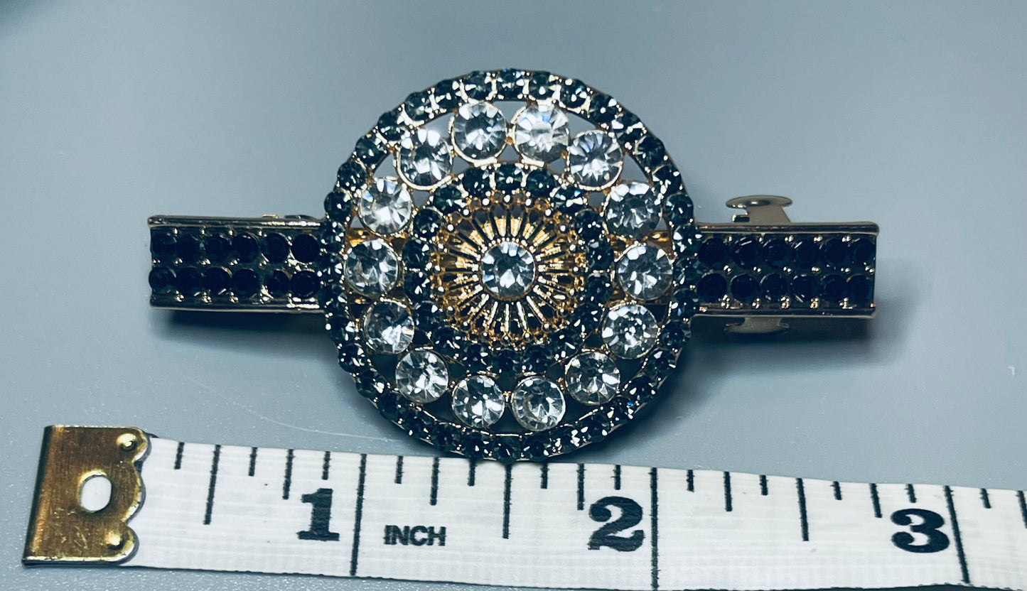 Black gray Crystal round rhinestone barrette approximately 3.0” gold tone formal hair accessories gift wedding bridesmaid prom birthday mother of bride groom