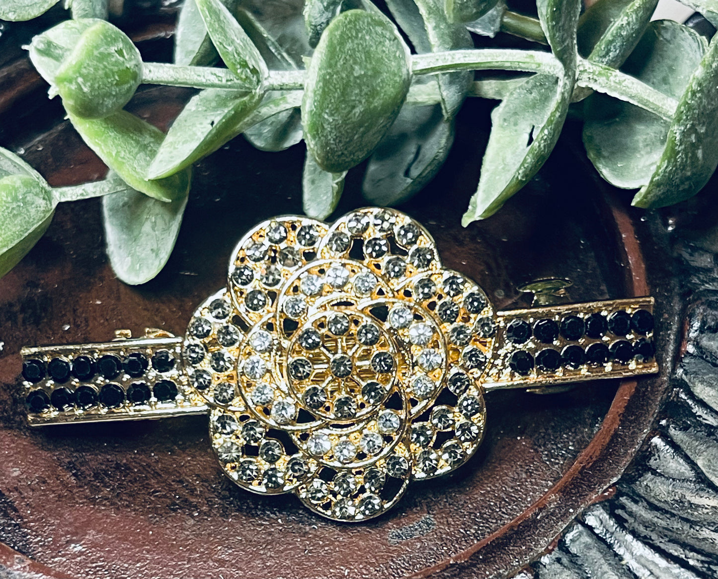 Black gray flower Crystal rhinestone barrette approximately 3.0” gold tone formal hair accessories gift wedding bridesmaid prom birthday mother of bride groom