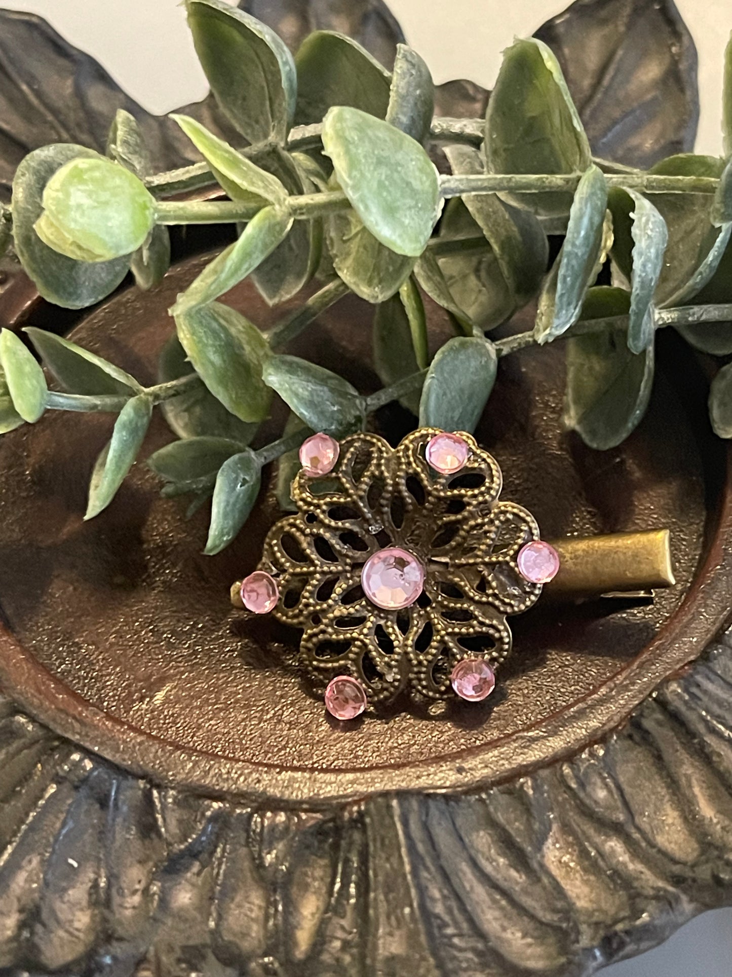 Pink  crystal vintage antique style leaf hair alligator clip on a 2.0” Handmade hair accessory bridal wedding Retro Bridal Party Prom Birthday gifts