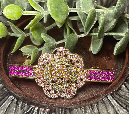 Hot pink flower Crystal rhinestone barrette approximately 3.0” gold tone formal hair accessories gift wedding bridesmaid prom birthday mother of bride groom