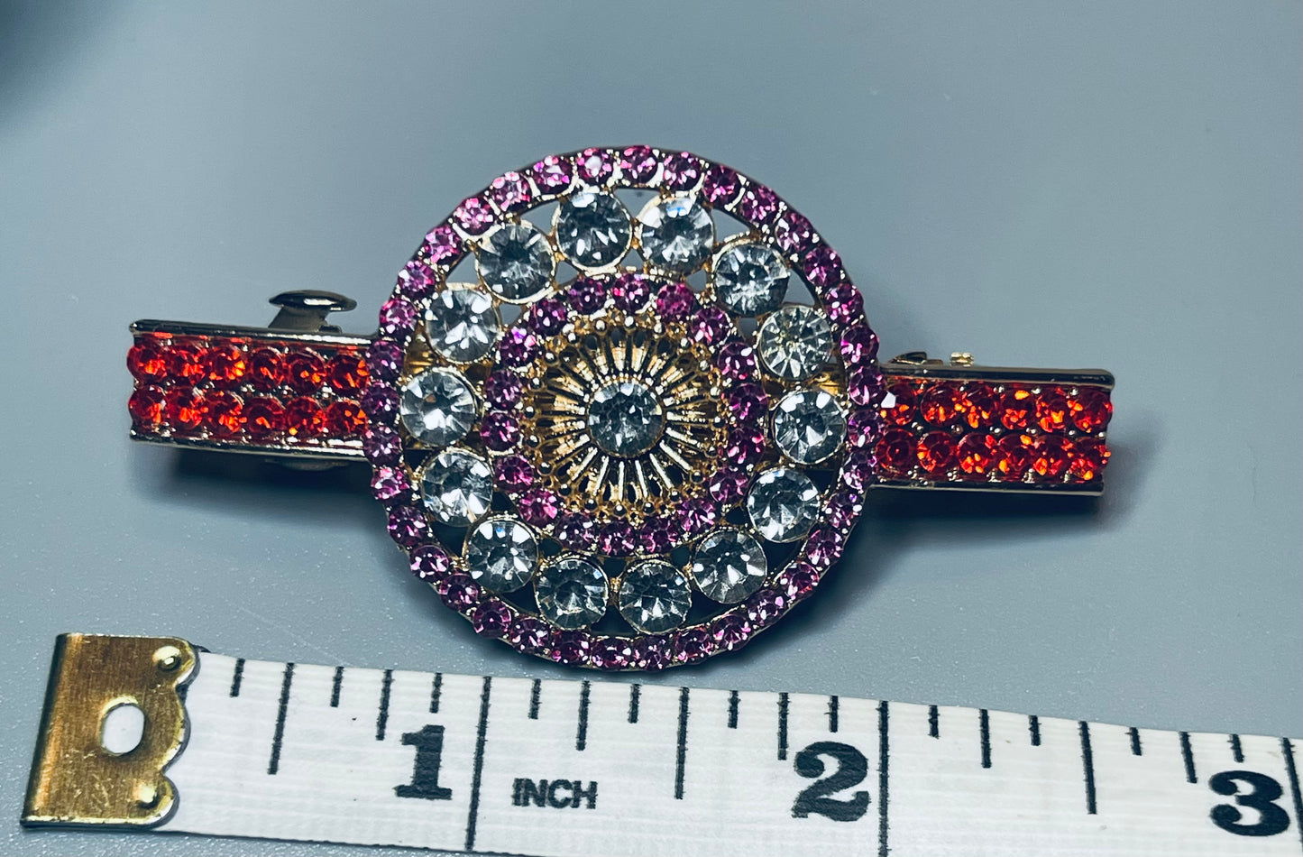 Red pink Crystal round rhinestone barrette approximately 3.0” gold tone formal hair accessories gift wedding bridesmaid prom birthday mother of bride groom
