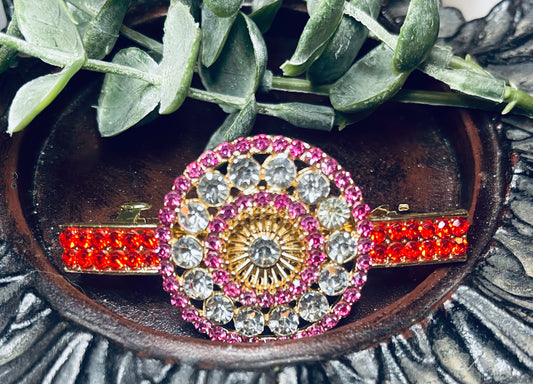 Red pink Crystal round rhinestone barrette approximately 3.0” gold tone formal hair accessories gift wedding bridesmaid prom birthday mother of bride groom