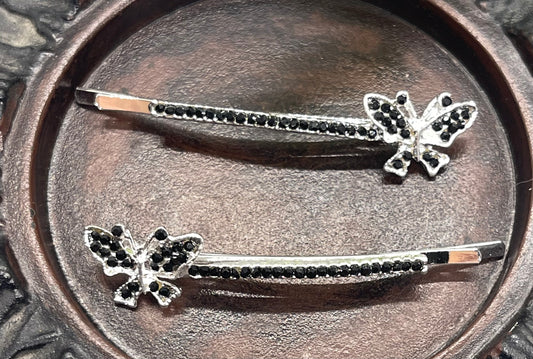 Black Crystal rhinestone butterfly silver tone hair pins 2 pc set bridal Wedding shower prom sweet 16 birthday hair accessories