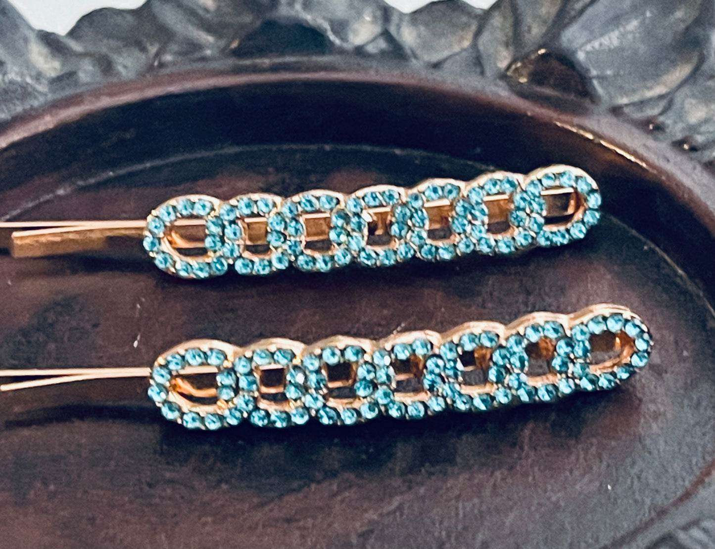 Blue teal Crystal rhinestone hairpins 2pc approximately 2.5” gold tone  formal hair accessories gift wedding bridesmaid princess accessory