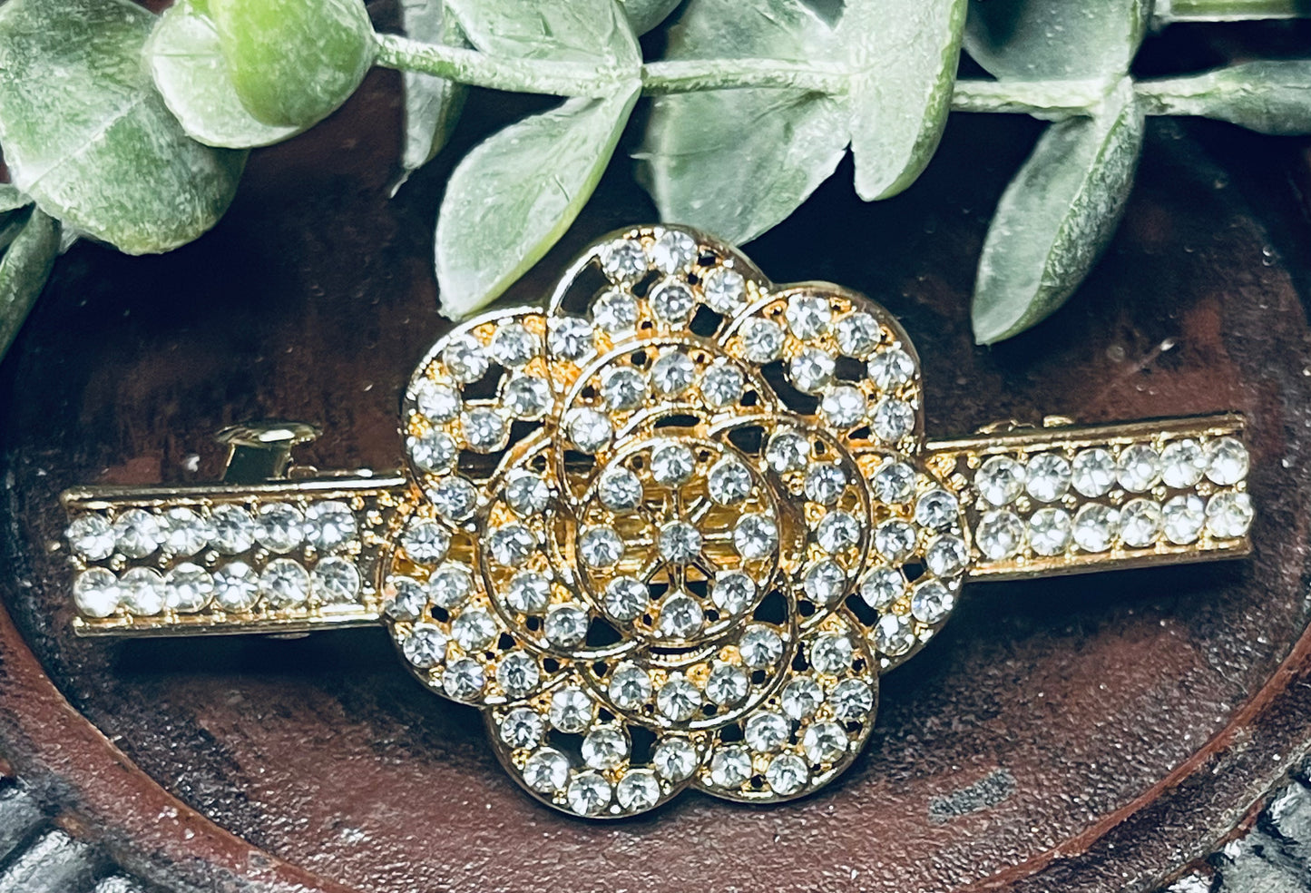 Clear flower Crystal rhinestone barrette approximately 3.0” gold tone formal hair accessories gift wedding bridesmaid prom birthday mother of bride groom