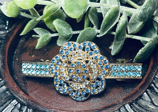Teal blue flower Crystal rhinestone barrette approximately 3.0” gold tone formal hair accessories gift wedding bridesmaid prom birthday mother of bride groom