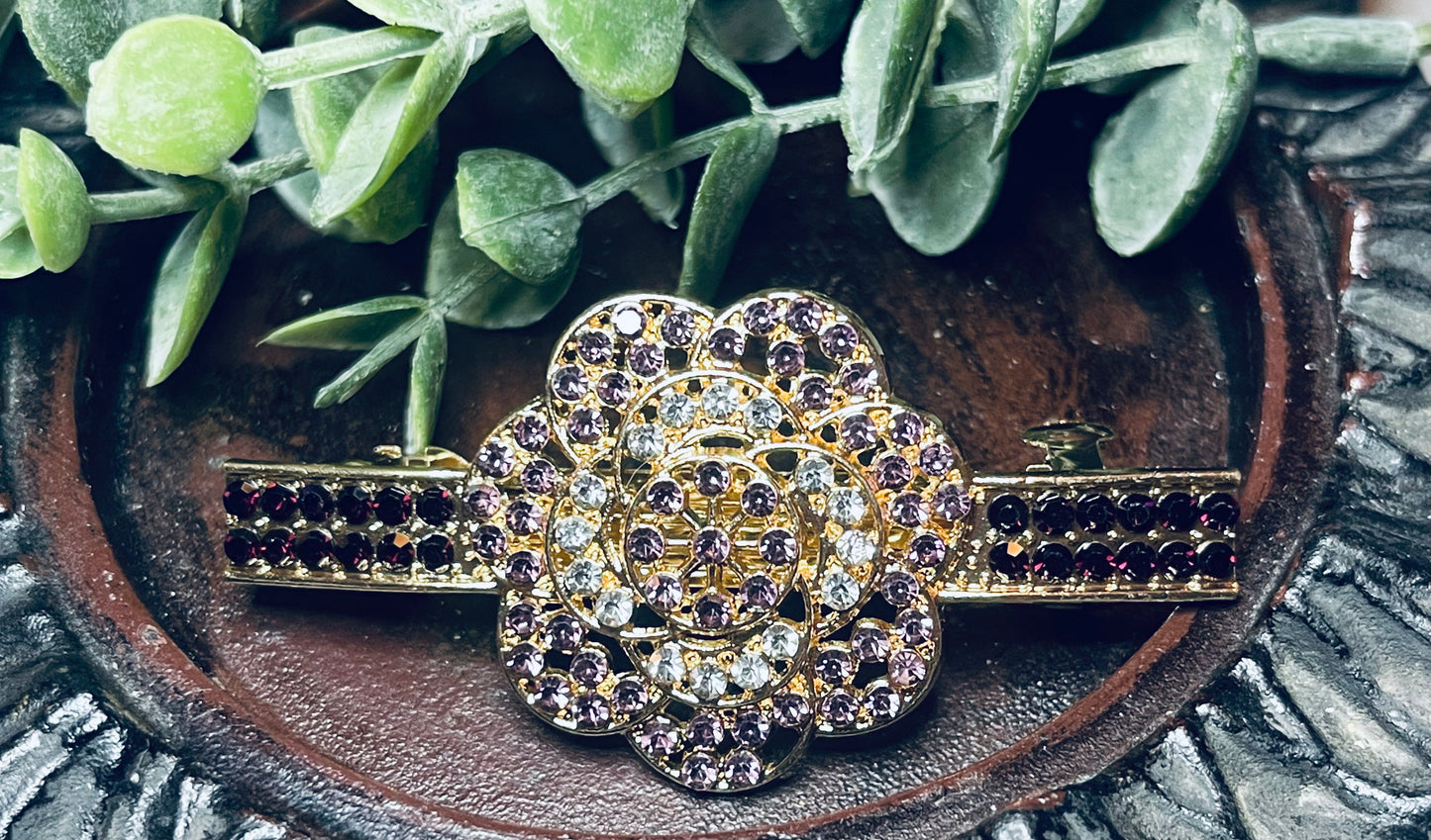 Purple flower Crystal rhinestone barrette approximately 3.0” gold tone formal hair accessories gift wedding bridesmaid prom birthday mother of bride groom