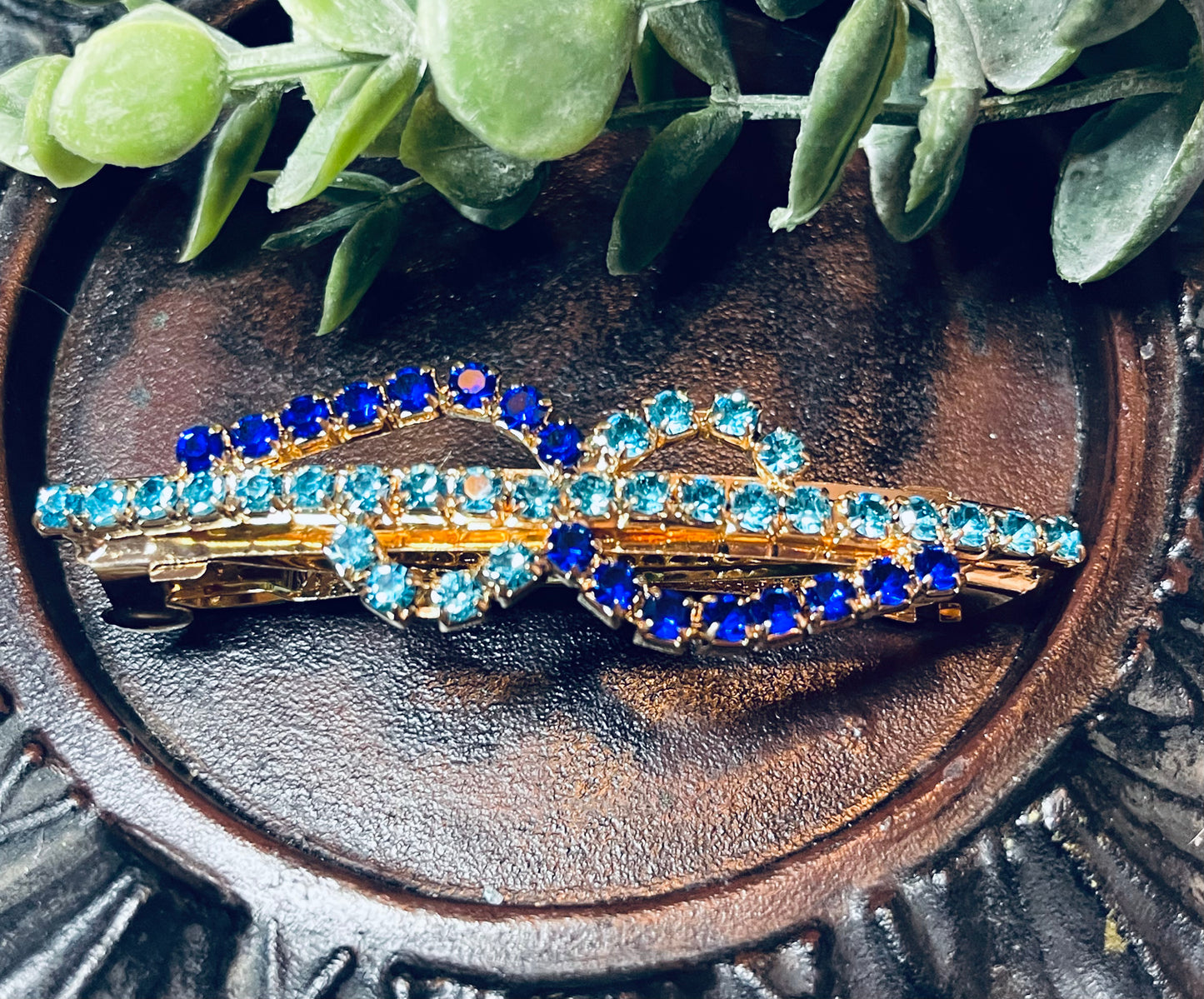 Blue Teal Crystal rhinestone barrette approximately 3.0” gold tone formal hair accessories gift wedding bridesmaid