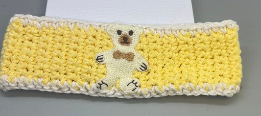 Handmade crochet yellow white teddy bear embroidered headband 100% cotton girls headband gift soft gentle headband 18” stretchable cotton