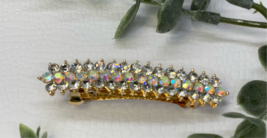 Irridescent Crystal rhinestone barrette approximately 3.0” gold tone formal hair accessories gift wedding bridesmaid