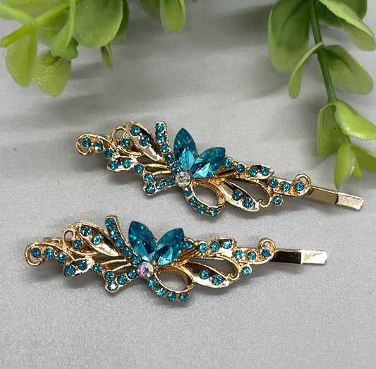 Teal crystal rhinestone Rose Gold approximately 2.75 hair pins 2 pc set wedding bridal shower engagement formal princess accessory birthday prom