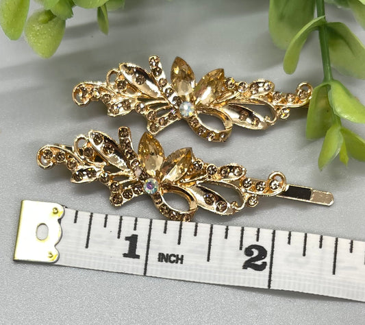 Gold crystal rhinestone Rose Gold approximately 2.75 hair pins 2 pc set wedding bridal shower engagement formal princess accessory birthday prom