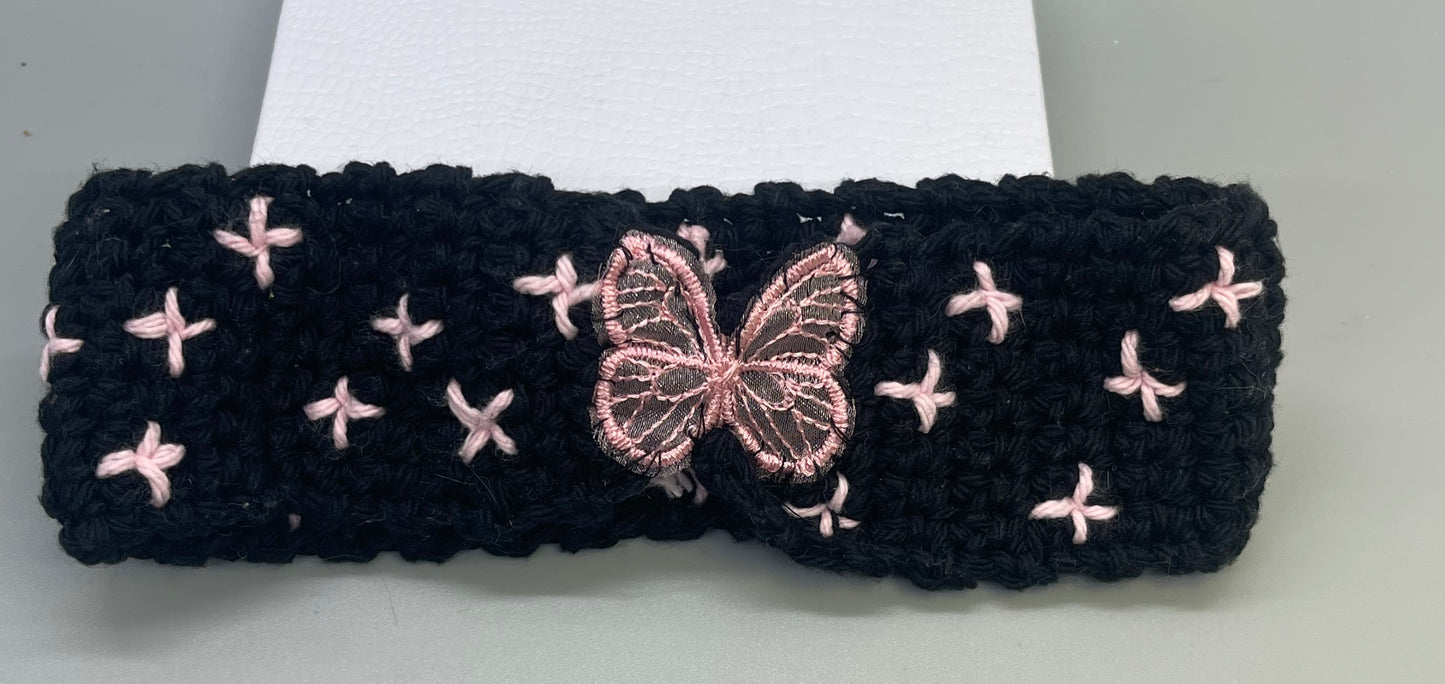 Handmade crochet black pink embroidered butterfly headband 100% cotton girls headband gift soft gentle headband 18” stretchable cotton