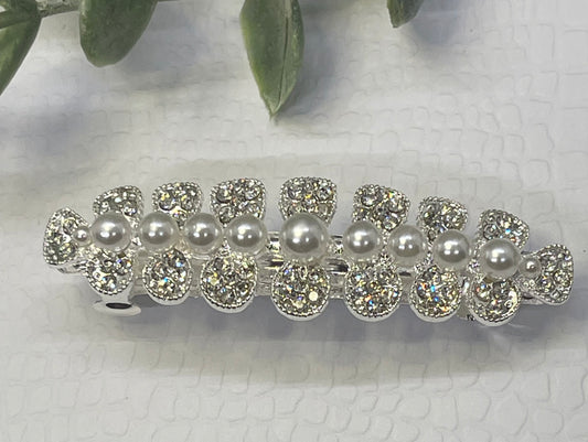 Pearl Crystal rhinestone barrette approximately 3.0” silver tone formal hair accessories gift wedding bridesmaid