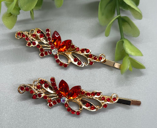 Red crystal rhinestone Rose Gold approximately 2.75 hair pins 2 pc set wedding bridal shower engagement formal princess accessory birthday prom