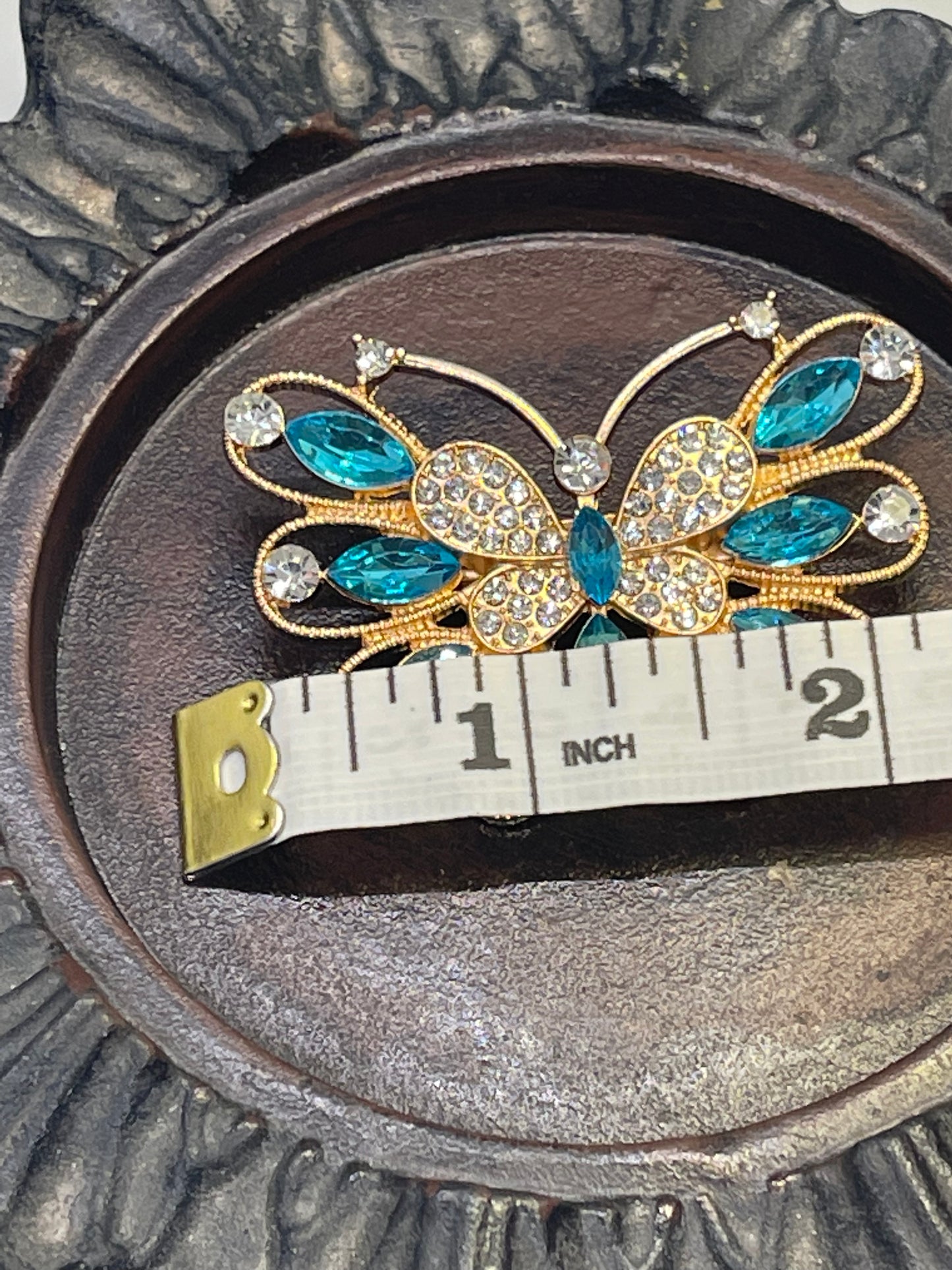 Luxe’s teal butterfly Crystal Brooch Rhinestone gold tone woman with rhinestone gift scarf accessory