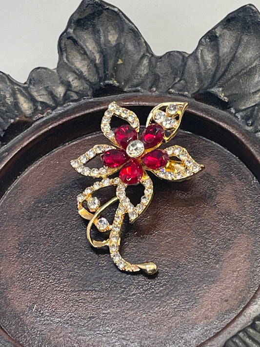 Luxe’s Red Crystal Brooch Rhinestone flower gold  tone woman with rhinestone gift scarf accessory