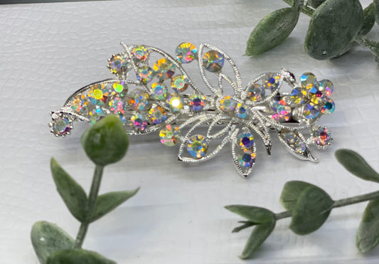 iridecent Crystal rhinestone barrette approximately 3.0” silver tone formal hair accessories gift wedding bridesmaid