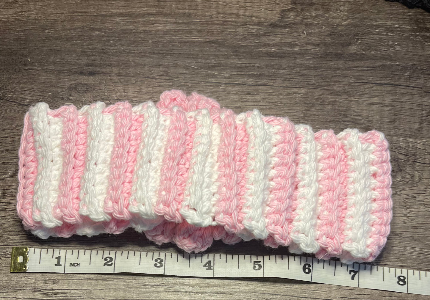 Handmade crochet pink white stripe flower headband 100% cotton girls headband gift soft gentle headband 18” stretchable cotton